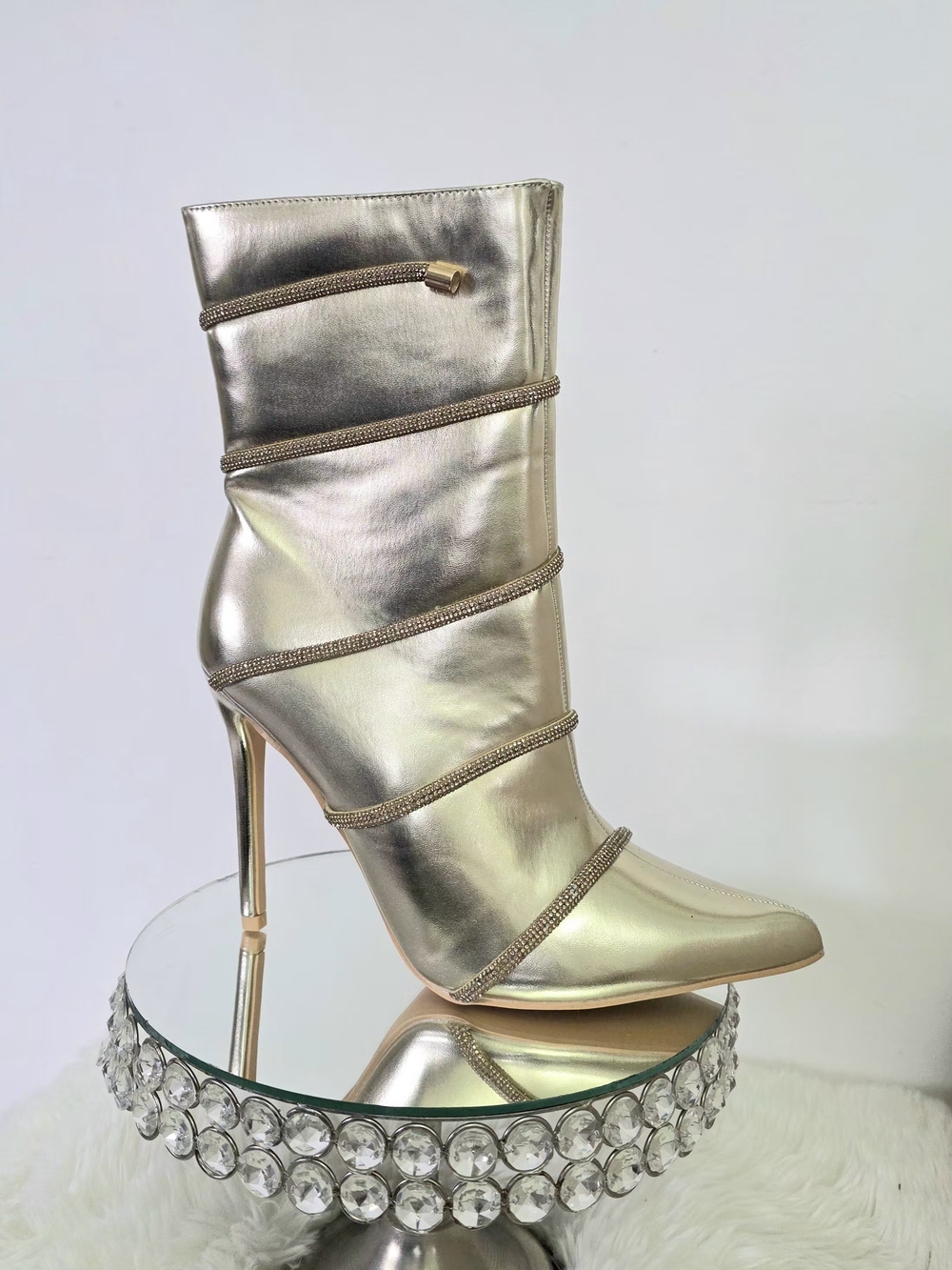 Metallic Gold High-Heel Ankle Boot with Crystal Trim - Women